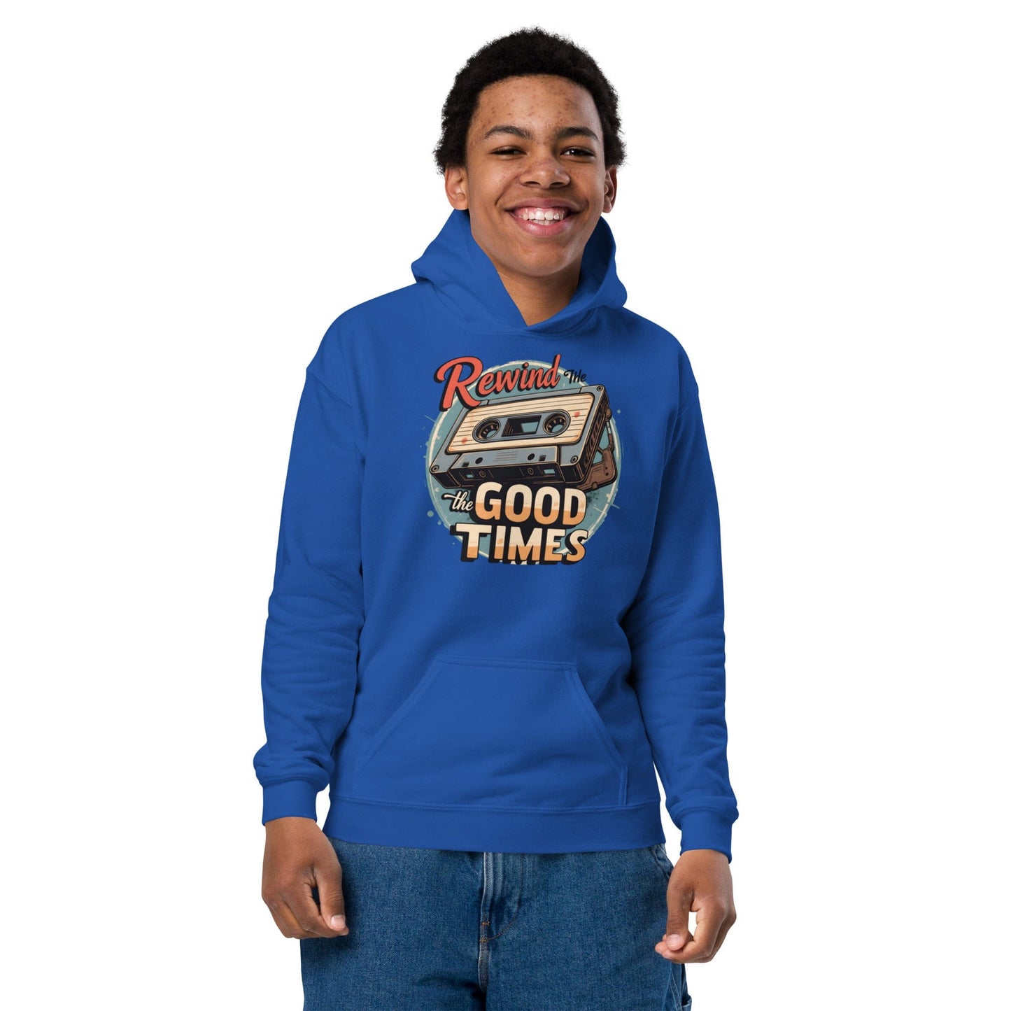 Teen smiling in blue hoodie with vintage cassette and “Rewind the Good Times” text in retro font ccanvas