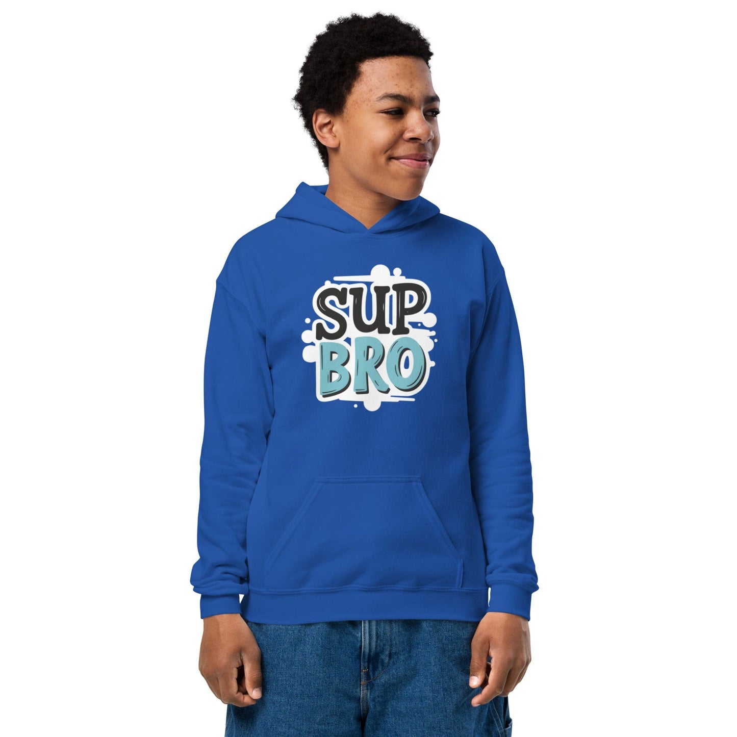 Teen in blue hoodie with comic-style “Sup Bro” slogan in teal and white over splash background ccanvas