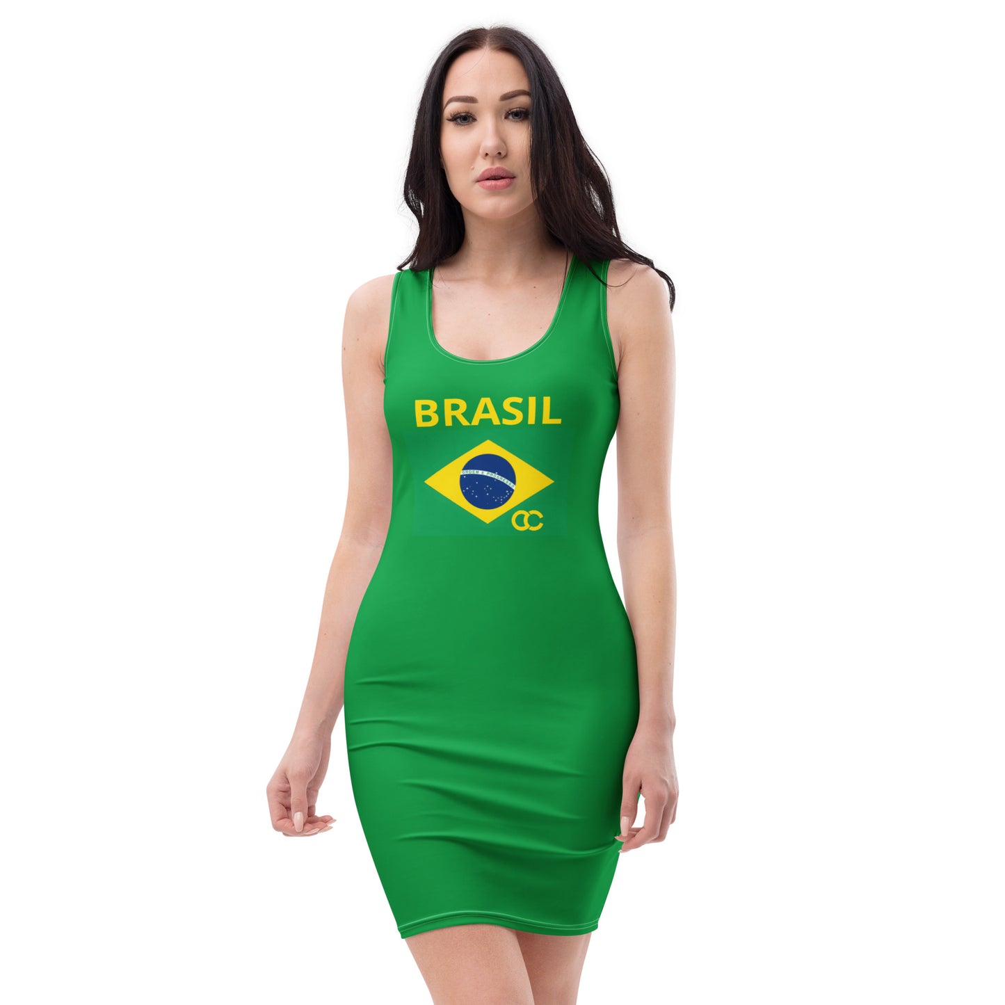 Model wearing a green Brazil heritage bodycon dress with yellow flag and Brasil text by CCANVAS.

