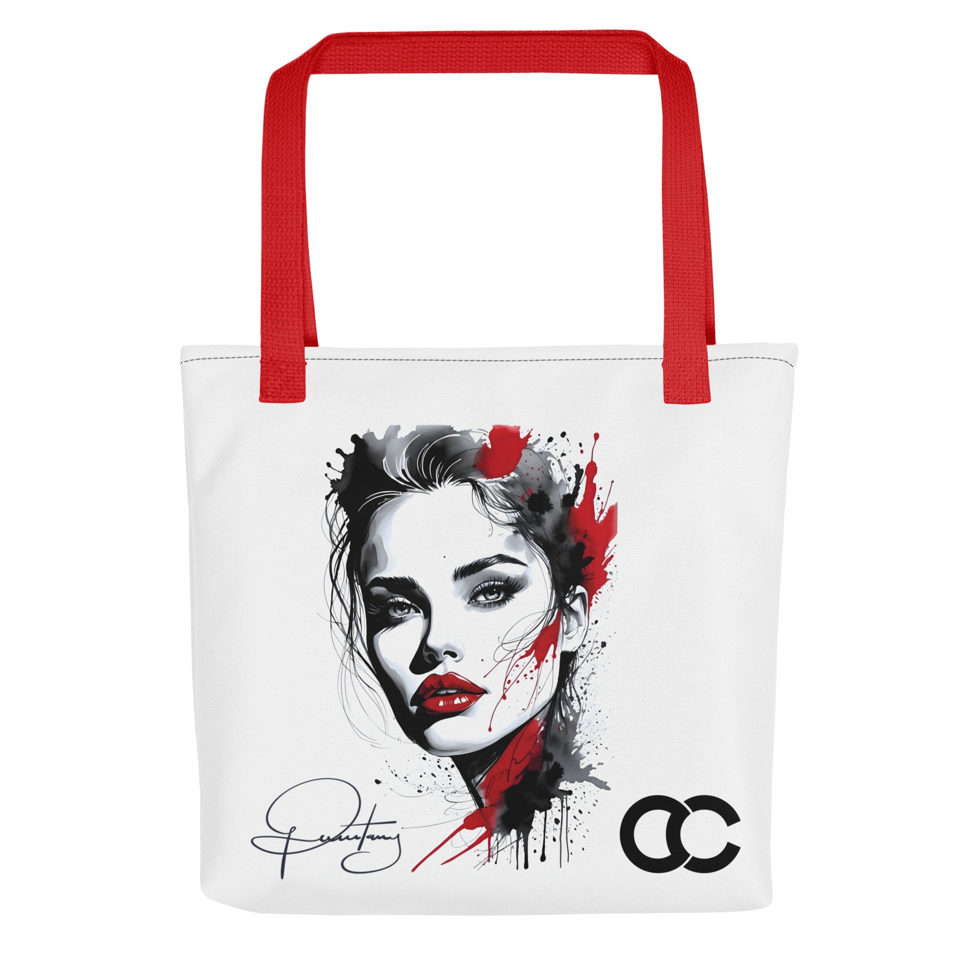 Monochromatic fashion portrait tote bag with red splatter art and lipstick accents on white heavyweight canvas by CCANVAS.

