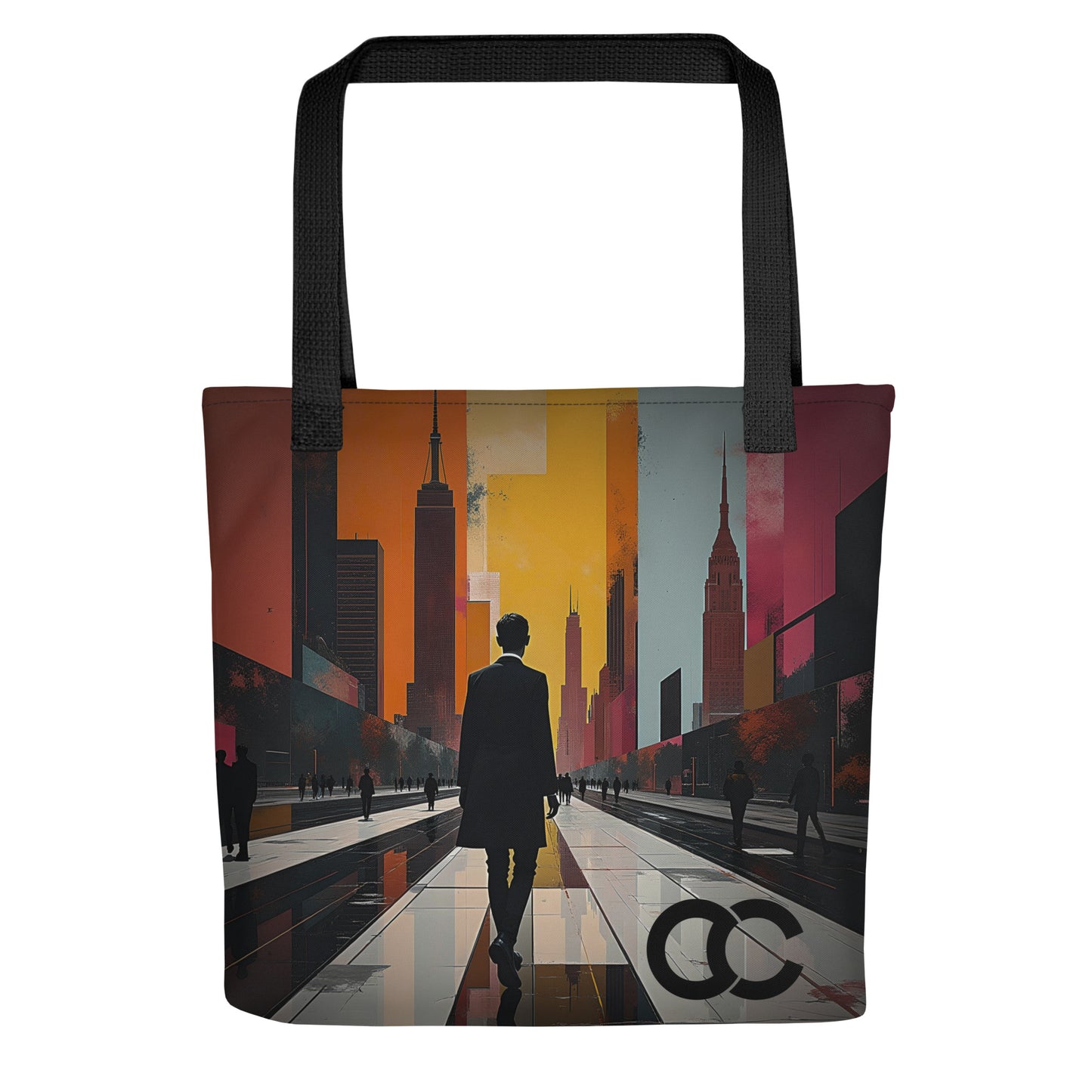 Cinematic cyberpunk city street at sunset with a silhouette figure on a white heavyweight cotton canvas tote by CCANVAS.
