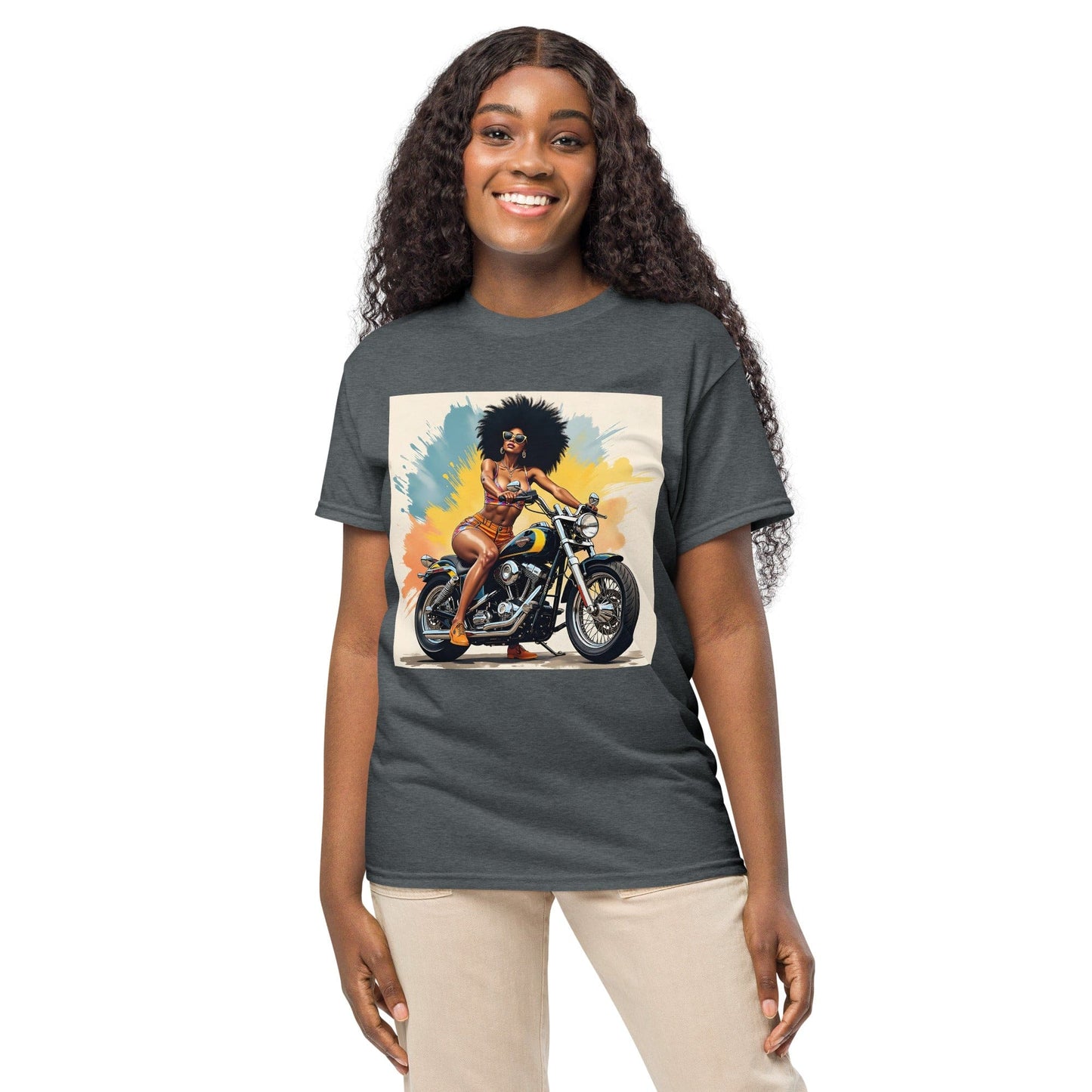 Afro Biker Queen Splash T-Shirt – Bold Motorcycle Art Tee | ccanvas - T-Shirts | Ccanvas