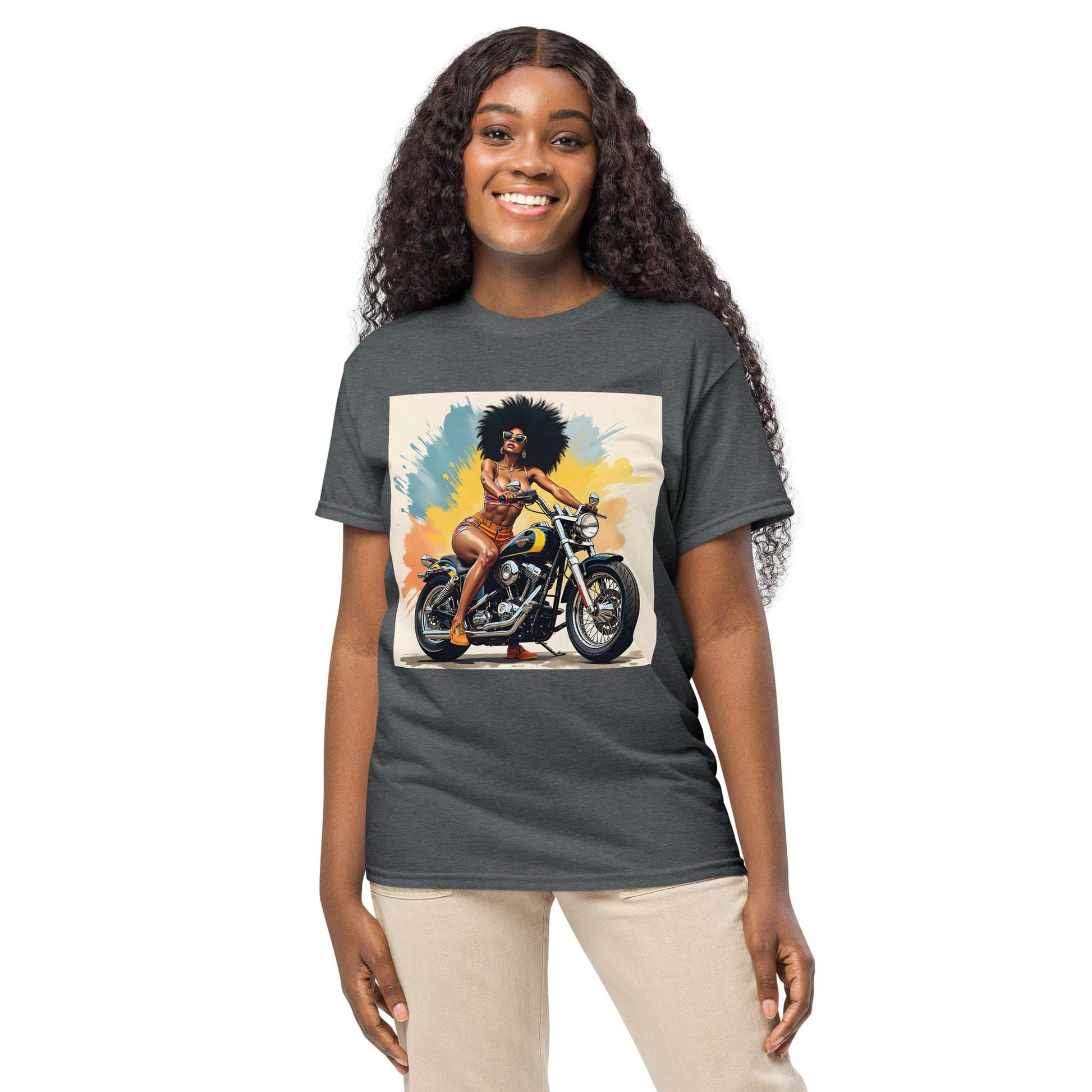 Afro Biker Queen Splash T-Shirt – Bold Motorcycle Art Tee | ccanvas - T-Shirts | Ccanvas