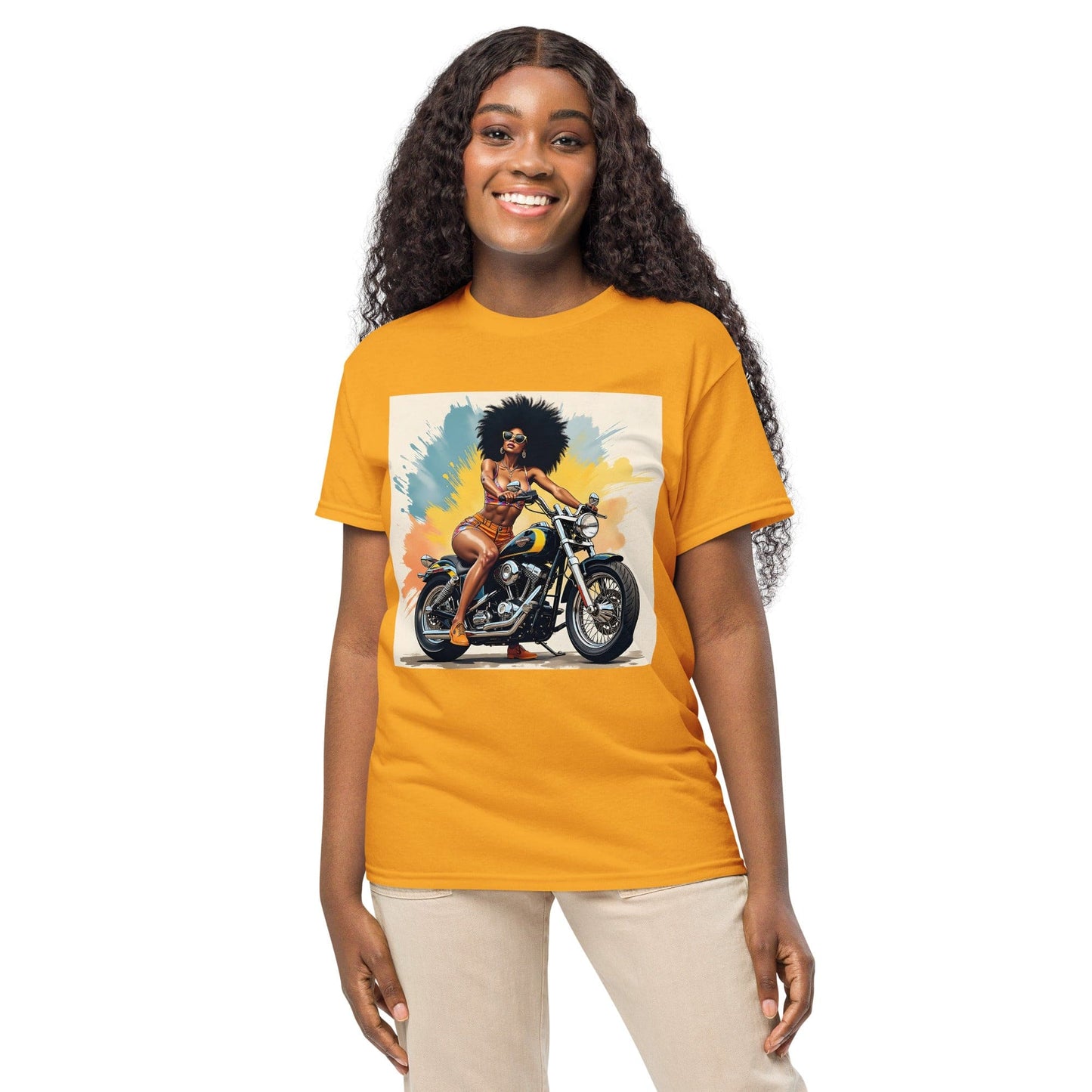Afro Biker Queen Splash T-Shirt – Bold Motorcycle Art Tee | ccanvas - T-Shirts | Ccanvas