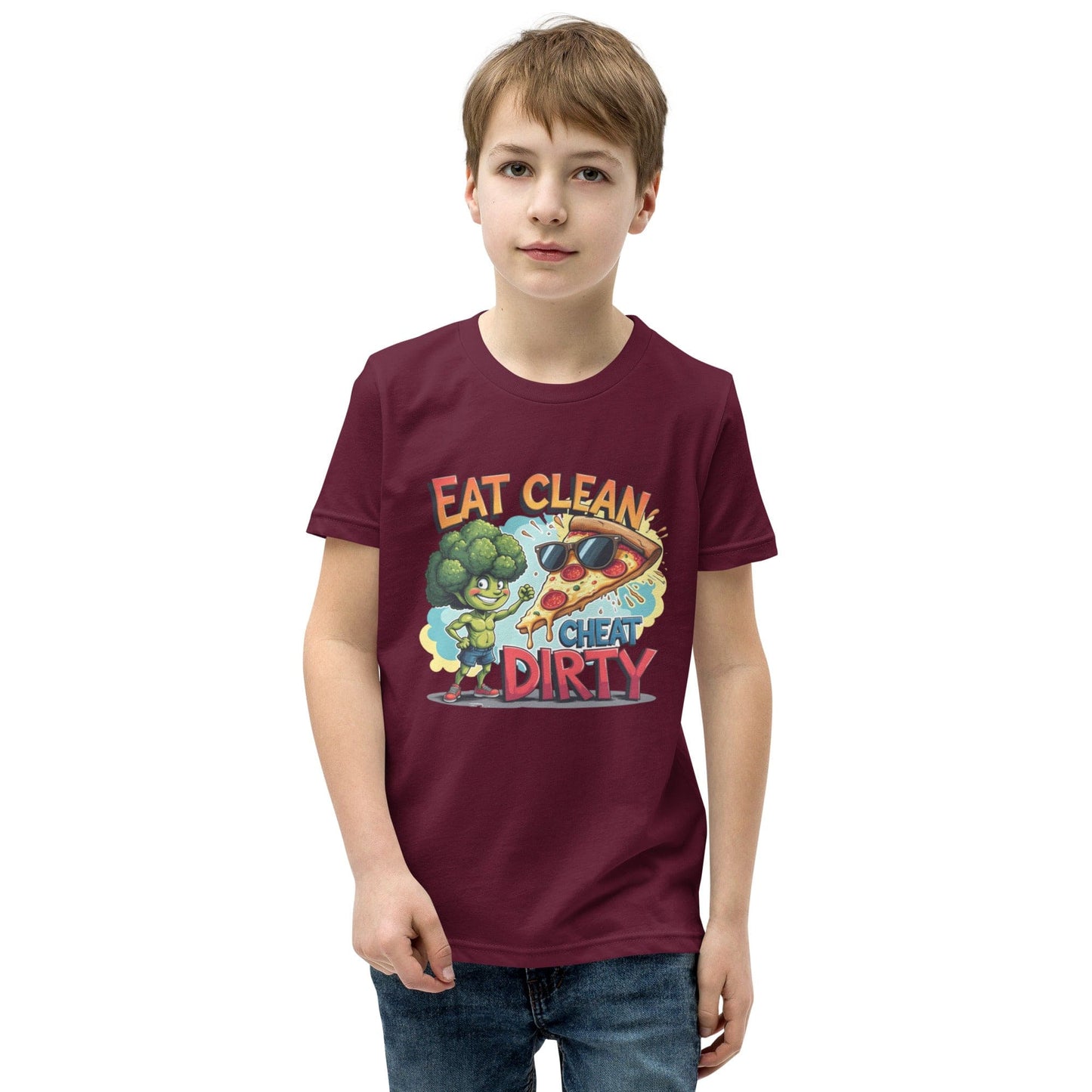 Eat Clean Cheat Dirty Kids T-Shirt – Funny Broccoli & Pizza Graphic Tee | ccanvas - Kids T-Shirts | Ccanvas
