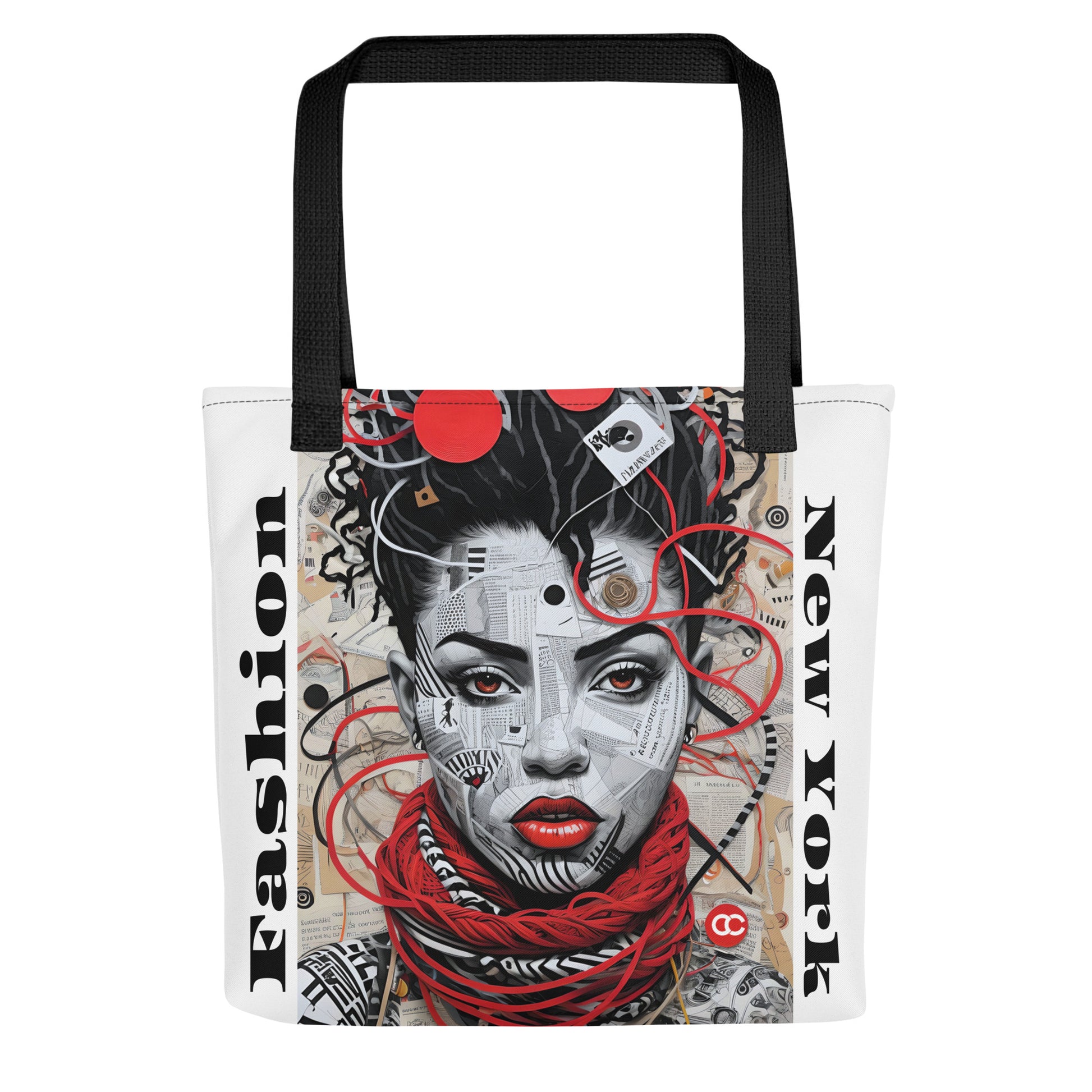 Streetwear fashion portrait tote with New York text and newspaper collage art on white heavyweight cotton bag by CCANVAS.
