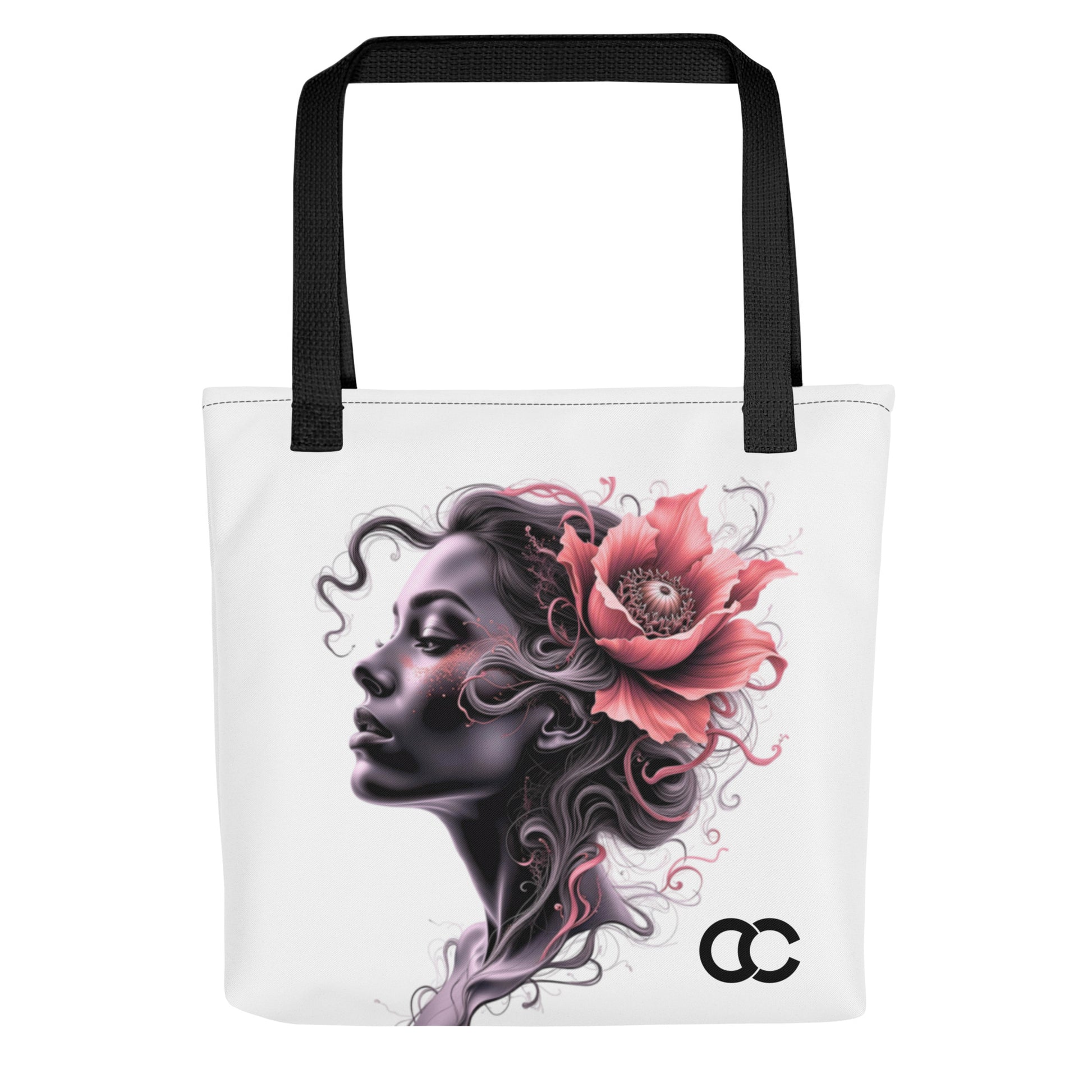 White tote bag with dark-skinned woman’s side profile and large pink flower in her hair