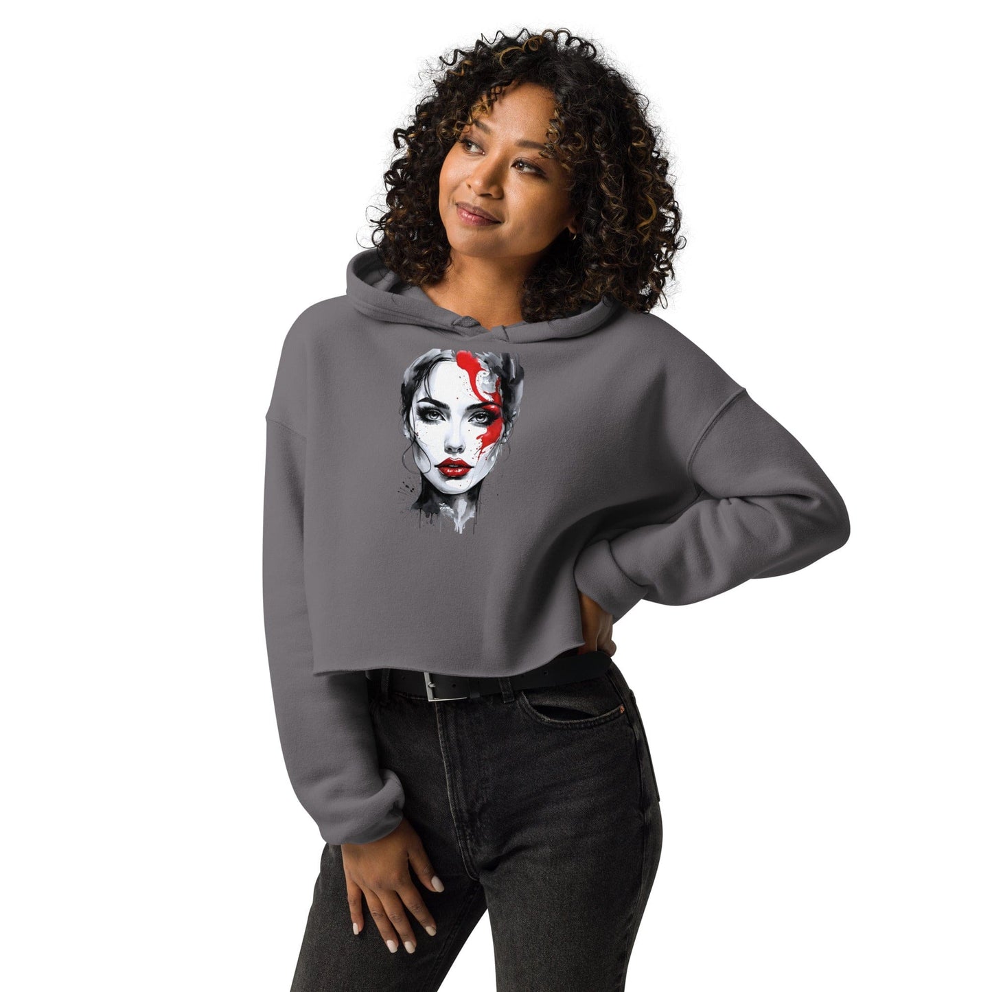 Red Streak Cropped Hoodie – Fierce Artistic Face Design | ccanvas - Cropped Hoodies | Ccanvas