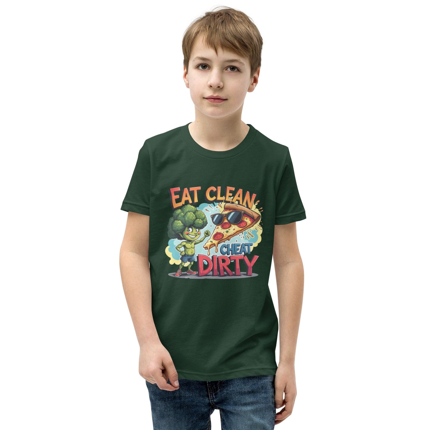 Eat Clean Cheat Dirty Kids T-Shirt – Funny Broccoli & Pizza Graphic Tee | ccanvas - Kids T-Shirts | Ccanvas