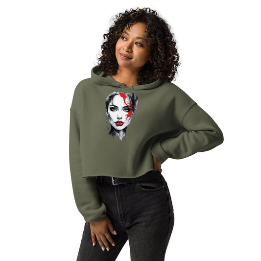 Red Streak Cropped Hoodie – Fierce Artistic Face Design | ccanvas - Cropped Hoodies | Ccanvas