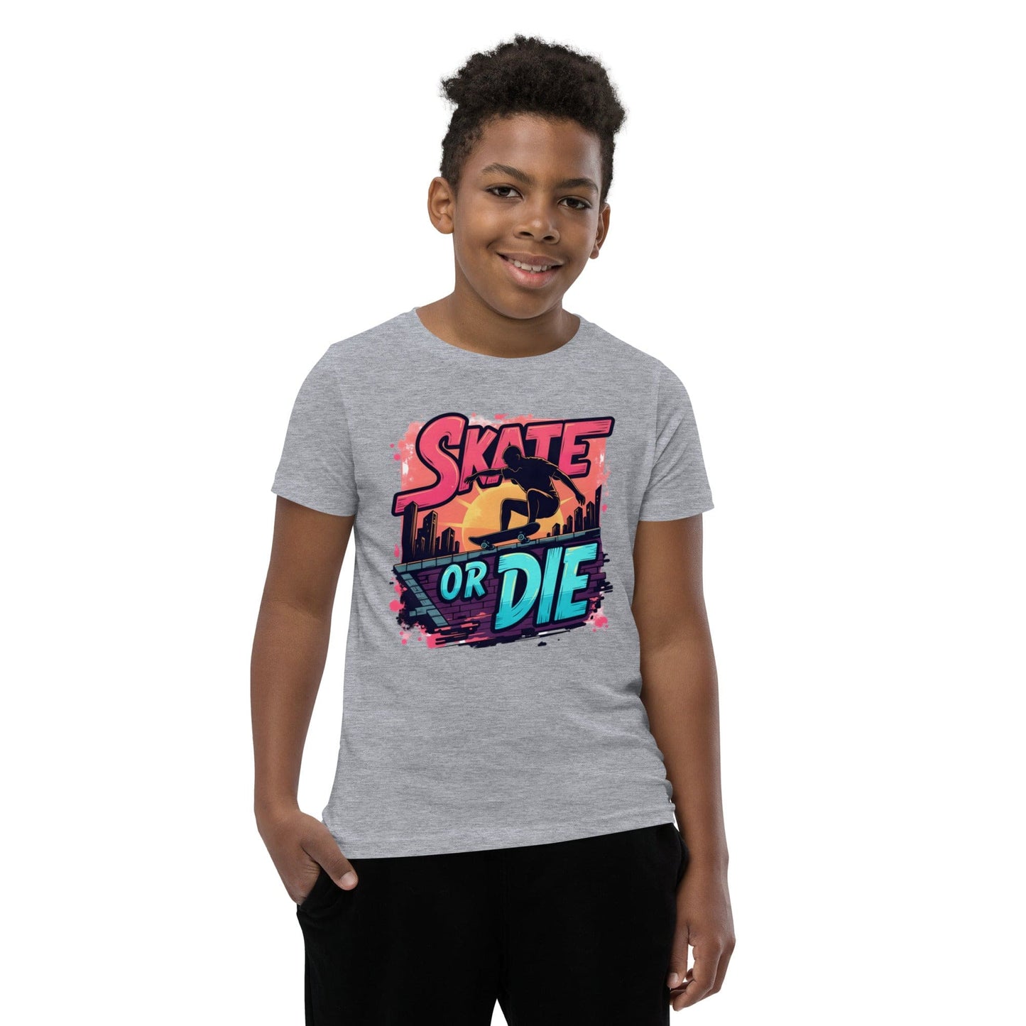 Boy wearing Skate or Die kids grey T-shirt with comic-style skateboarding graphic – ccanvas