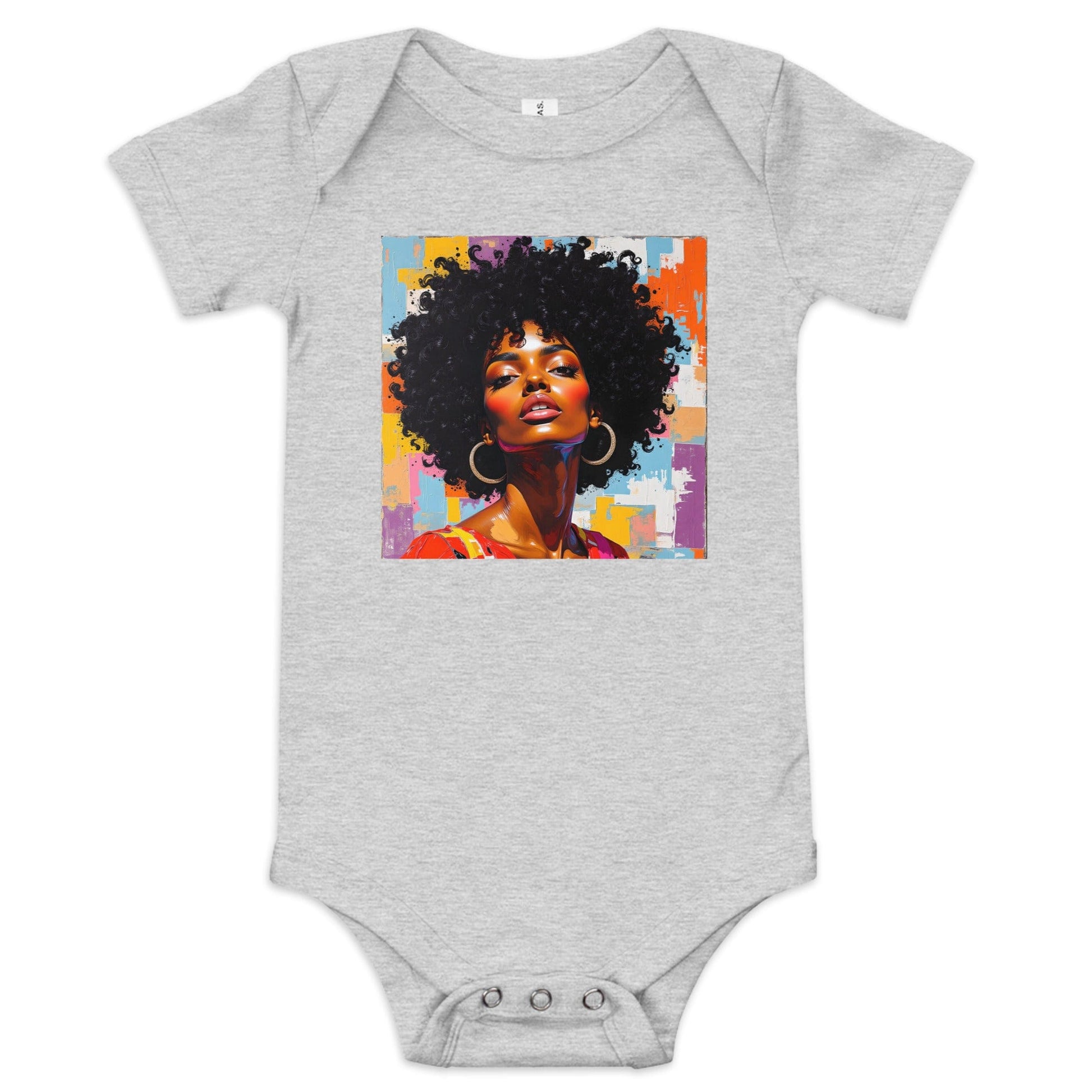 Grey Baby onesie with bold afro pop art portrait and colorful abstract background print ccanvas