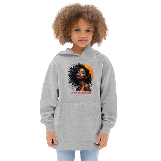 Child in grey premium hoodie with afro fashion portrait, orange accent, and bold “LONDON” high-end print ccanvas