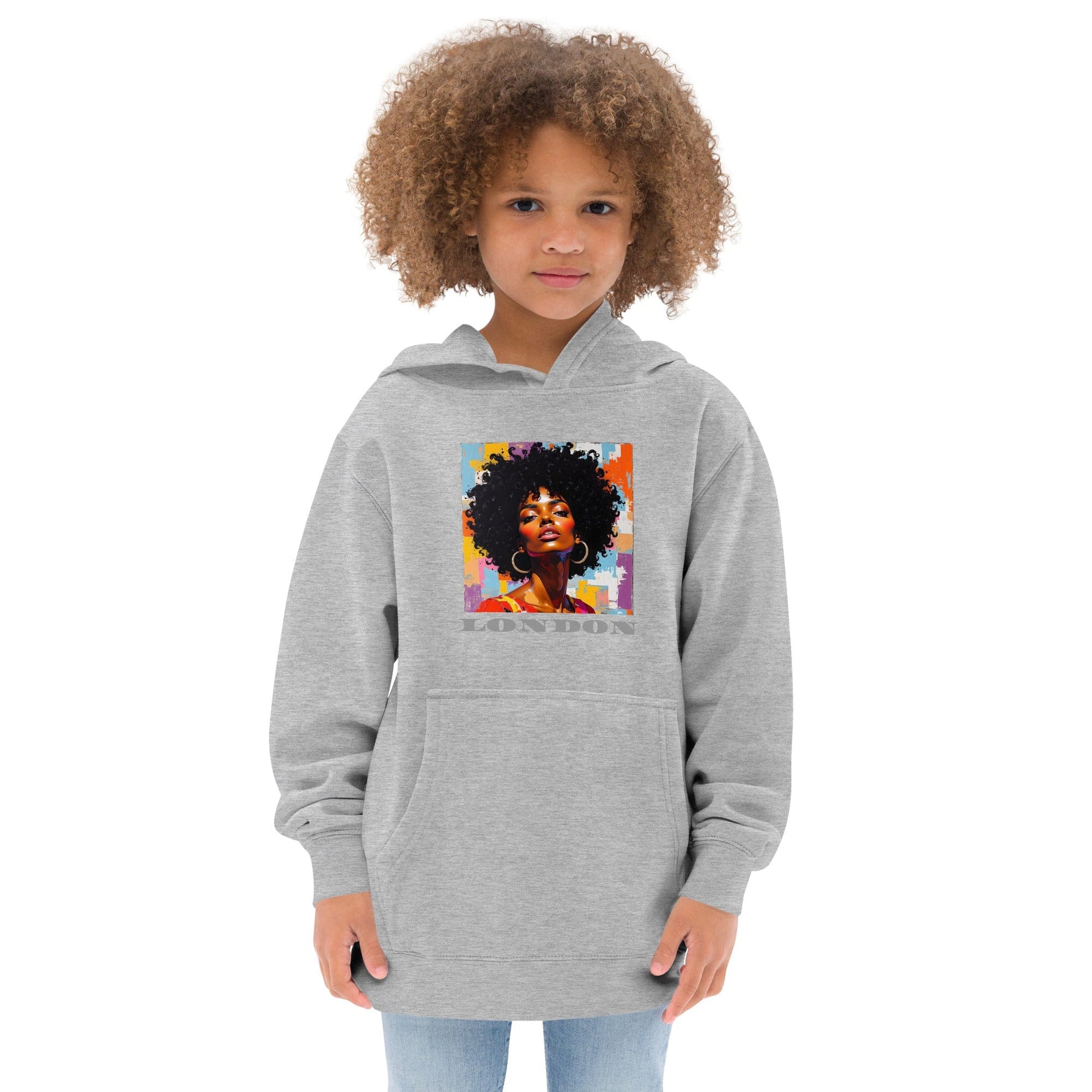 Child in grey hoodie with colorful afro pop art portrait and bold “LONDON” text underneath ccanvas