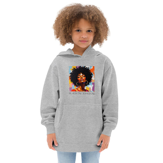Child in grey hoodie with colorful afro pop art portrait and bold “LONDON” text underneath ccanvas