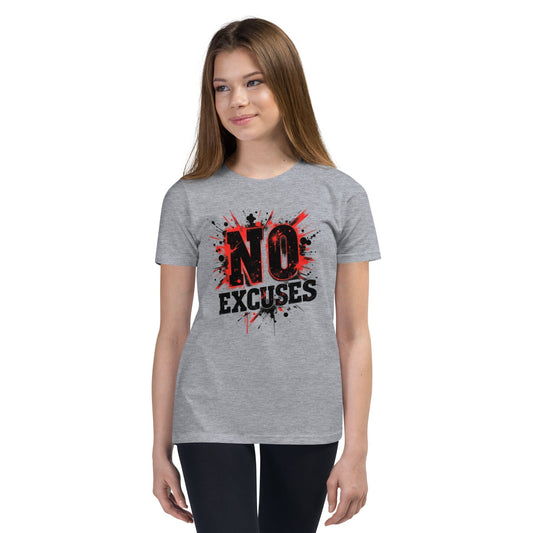 Teen girl wearing a grey T-shirt with “No Excuses” text and red-black paint splash design – ccanvas