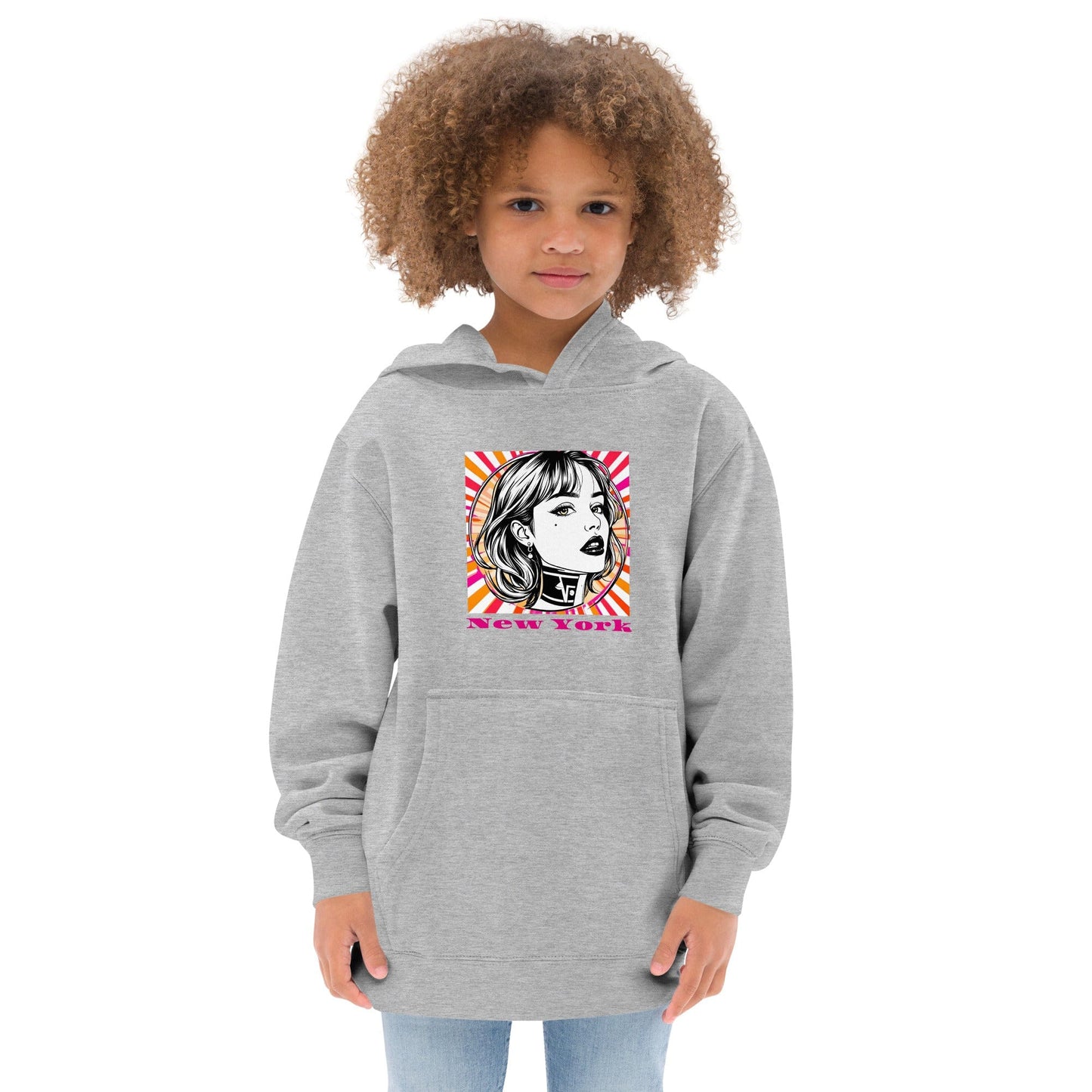Child wearing grey hoodie with pop art illustration of girl and “New York” in pink comic-style text ccanvas