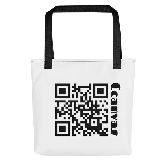 White heavyweight cotton canvas tote bag featuring a large scanable black QR code and Ccanvas branding with black handles.
