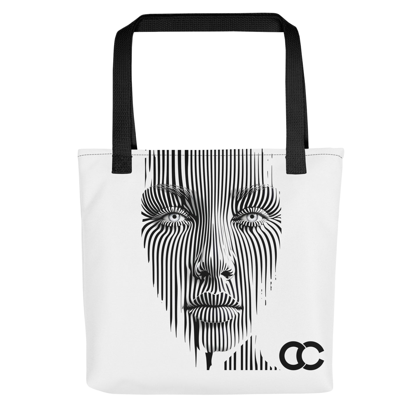 Black and white kinetic optical line art portrait of a woman’s face on a white heavyweight cotton canvas tote by CCANVAS.
