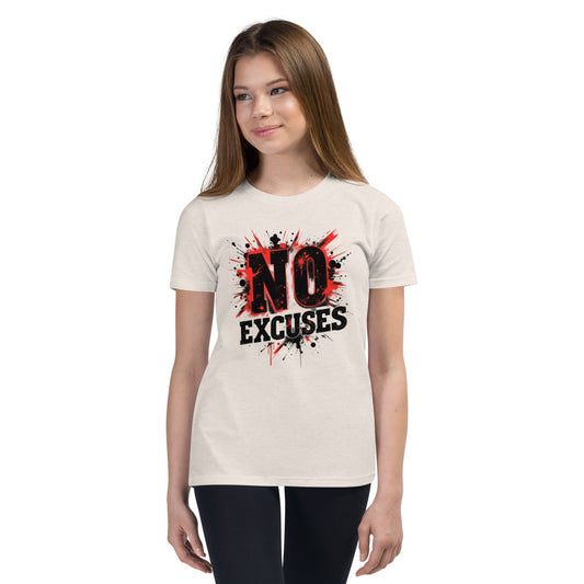 Teen girl wearing a light brown T-shirt with “No Excuses” text and red-black paint splash design – ccanvas