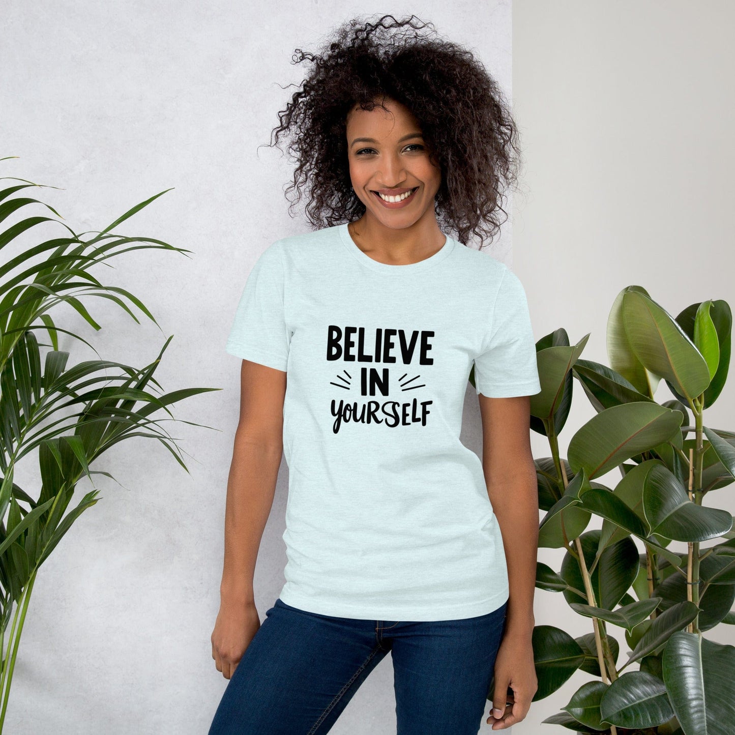 Smiling woman wearing light mint Believe in Yourself T-shirt with black inspirational quote print – ccanvas
