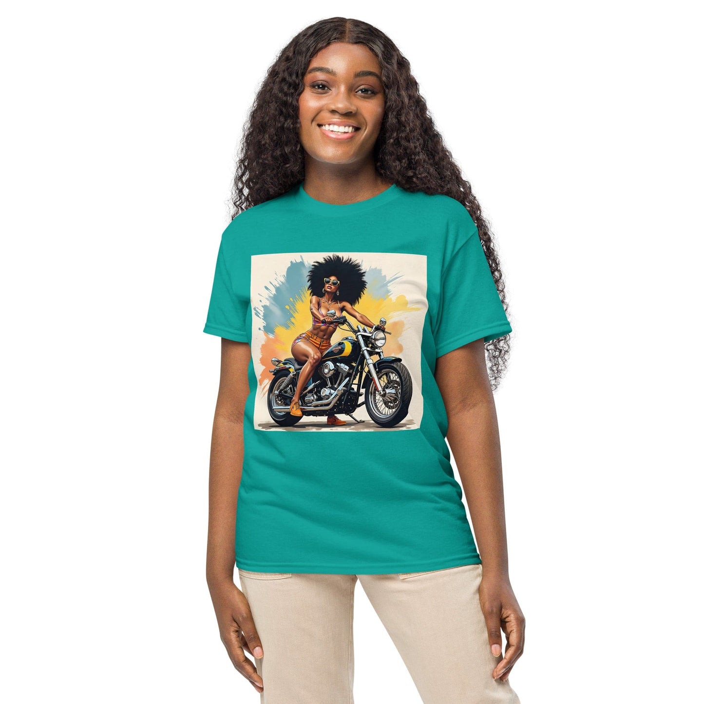 Afro Biker Queen Splash T-Shirt – Bold Motorcycle Art Tee | ccanvas - T-Shirts | Ccanvas