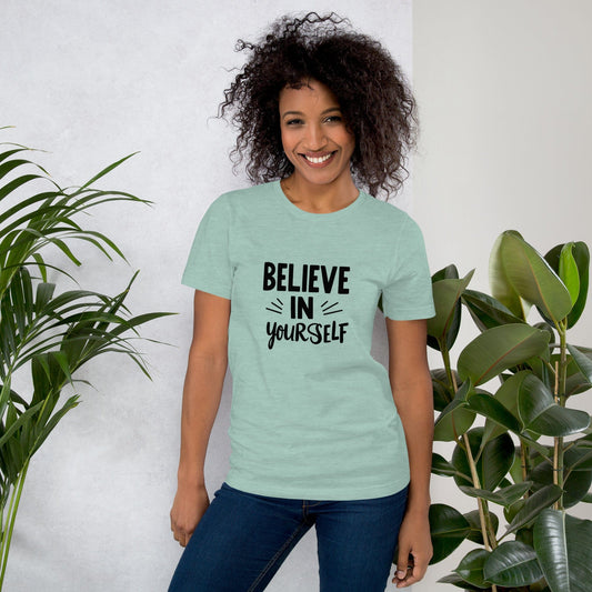 Smiling woman wearing mint Believe in Yourself T-shirt with black inspirational quote print – ccanvas