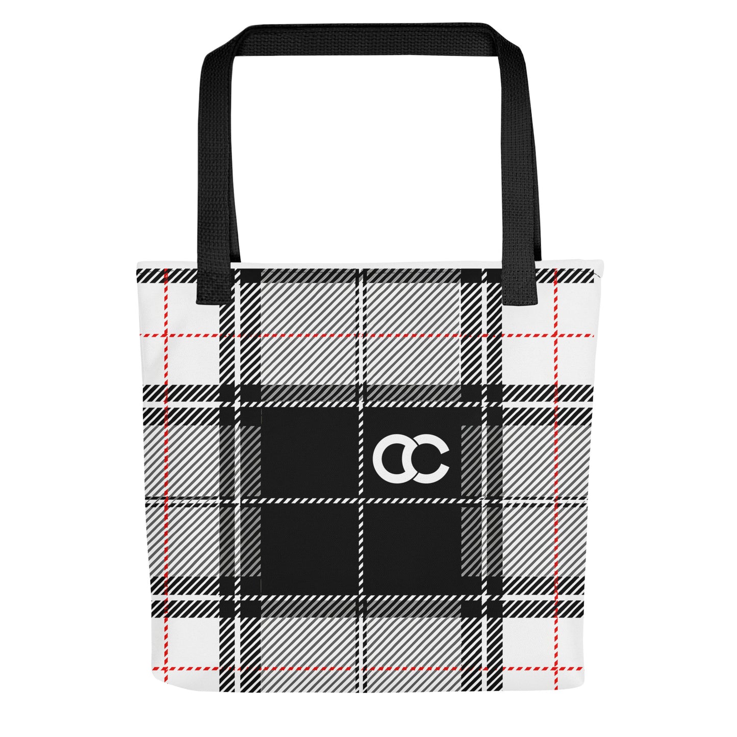 Monochromatic grey and black plaid tartan tote bag with black handles and white CC monogram on heavyweight canvas by CCANVAS.
