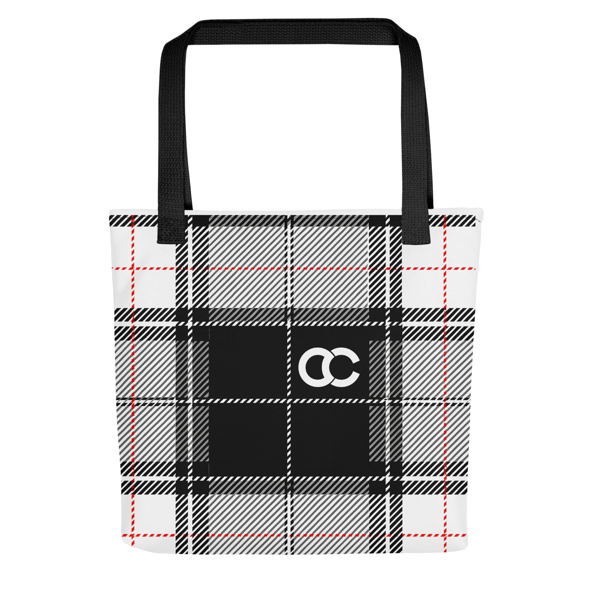 Monochromatic grey and black plaid tartan tote bag with black handles and white CC monogram on heavyweight canvas by CCANVAS.

