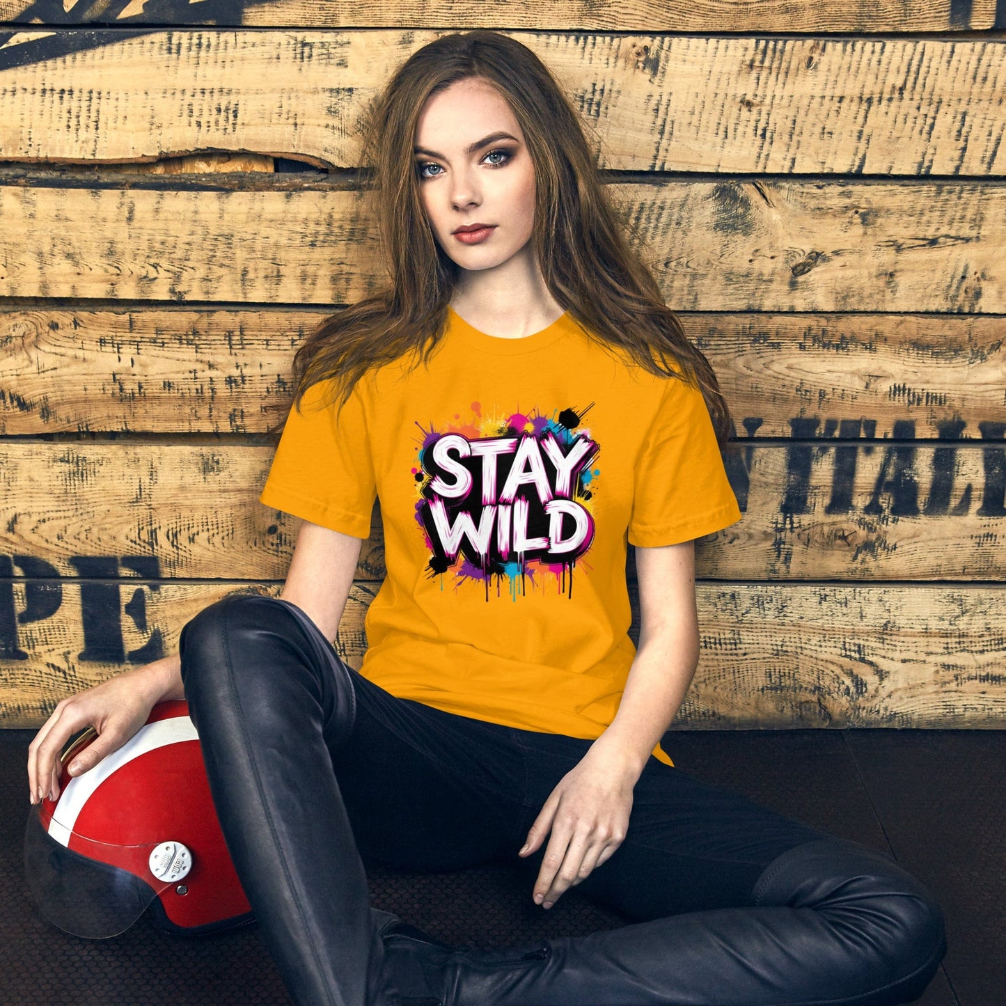Woman wearing mustard Stay Wild t-shirt with colorful graffiti splash design – ccanvas
