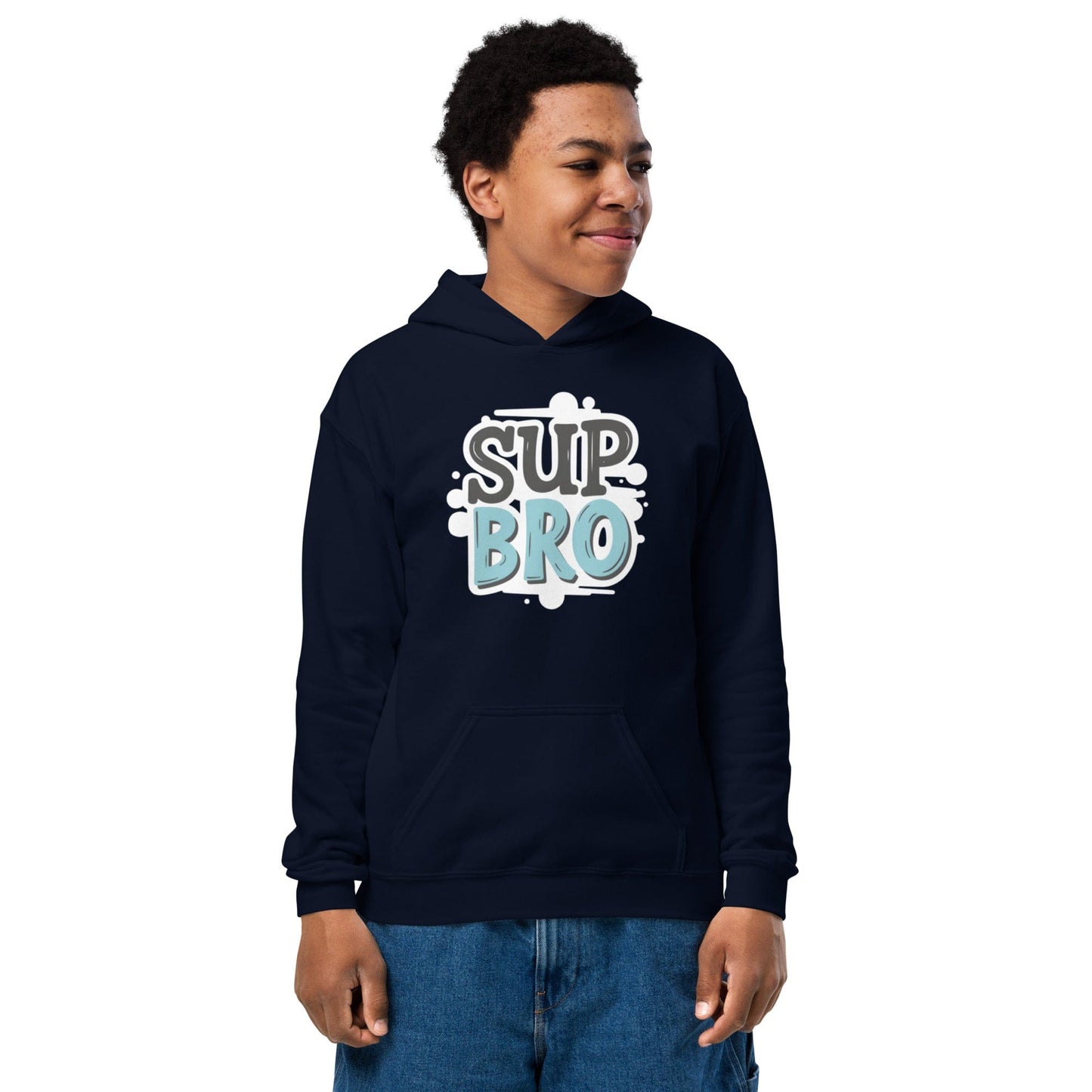 Teen in navy hoodie with comic-style “Sup Bro” slogan in teal and white over splash background ccanvas