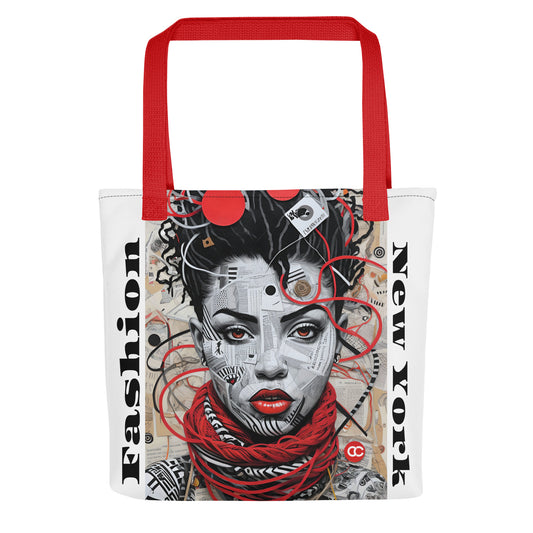 Fashion portrait collage tote bag with New York text and vibrant red handles on white heavyweight cotton canvas by CCANVAS.
