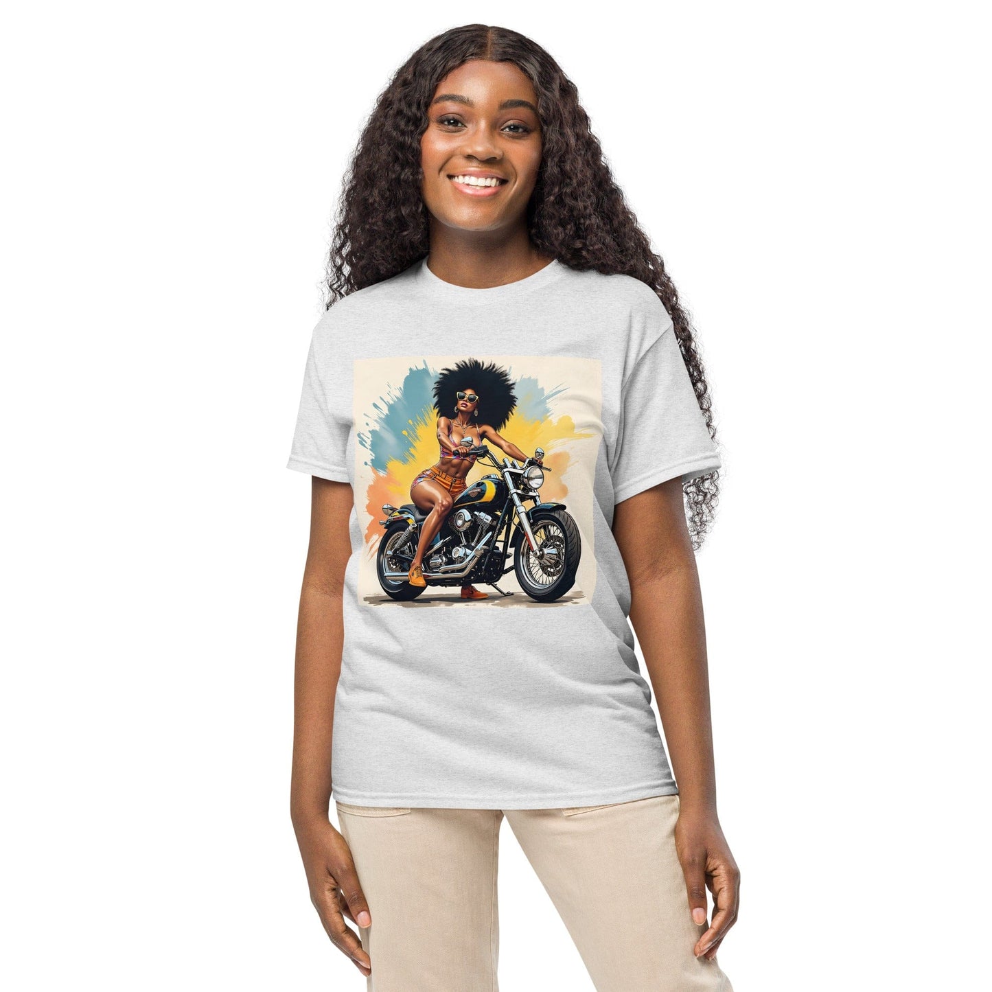 Afro Biker Queen Splash T-Shirt – Bold Motorcycle Art Tee | ccanvas - T-Shirts | Ccanvas