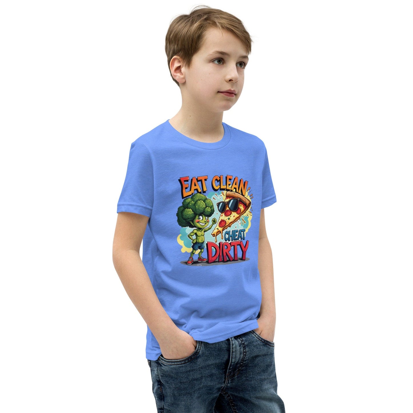 Eat Clean Cheat Dirty Kids T-Shirt – Funny Broccoli & Pizza Graphic Tee | ccanvas - Kids T-Shirts | Ccanvas