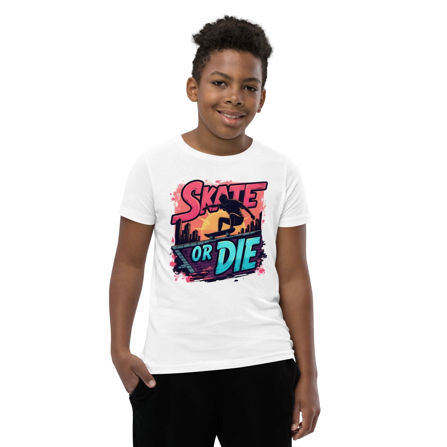 Boy wearing Skate or Die kids Off White T-shirt with comic-style skateboarding graphic – ccanvas