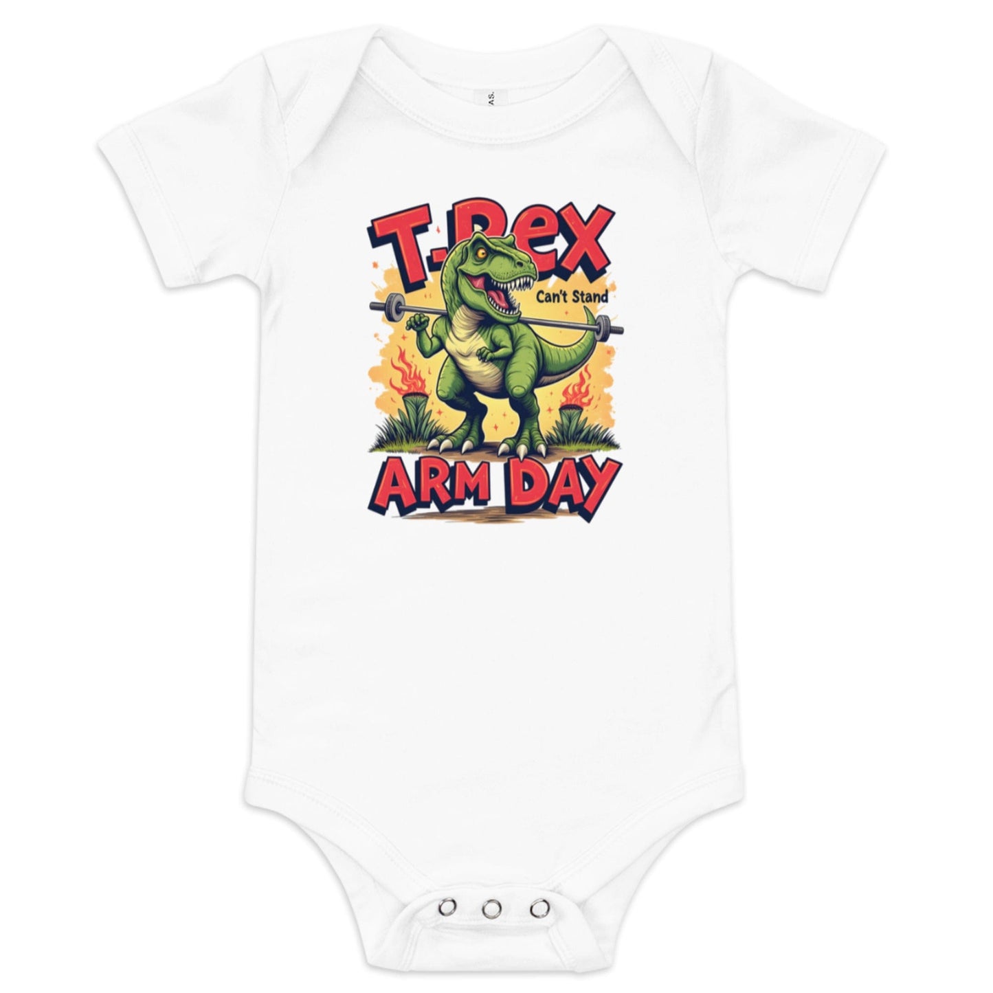 T - Rex Can’t Stand Arm Day Baby Onesie – Funny Dinosaur Baby Bodysuit | ccanvas - Baby Onesies | Ccanvas