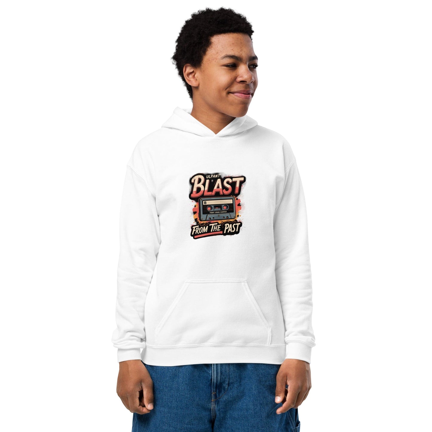 Teen in Off White hoodie with colorful retro cassette and “Blast from the Past” slogan in bold style