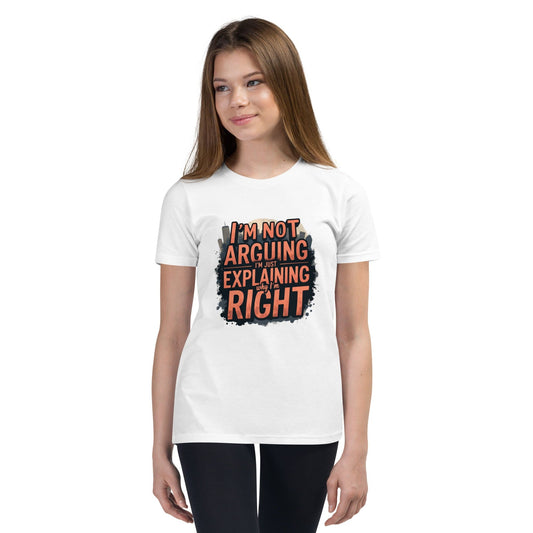 Woman wearing a Off White T-shirt with bold red and black text reading “I’m Not Arguing, I’m Just Explaining Why I’m Right” – ccanvas
