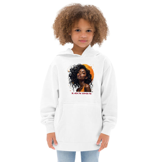 Child in Off white premium hoodie with afro fashion portrait, orange accent, and bold “LONDON” high-end print ccanvas