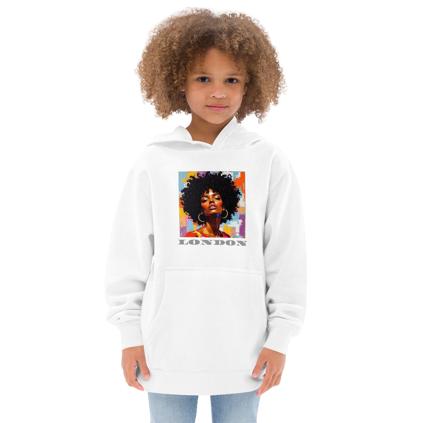 Child in Off White hoodie with colorful afro pop art portrait and bold “LONDON” text underneath ccanvas