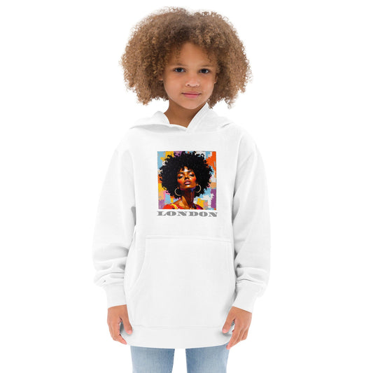 Child in Off White hoodie with colorful afro pop art portrait and bold “LONDON” text underneath ccanvas