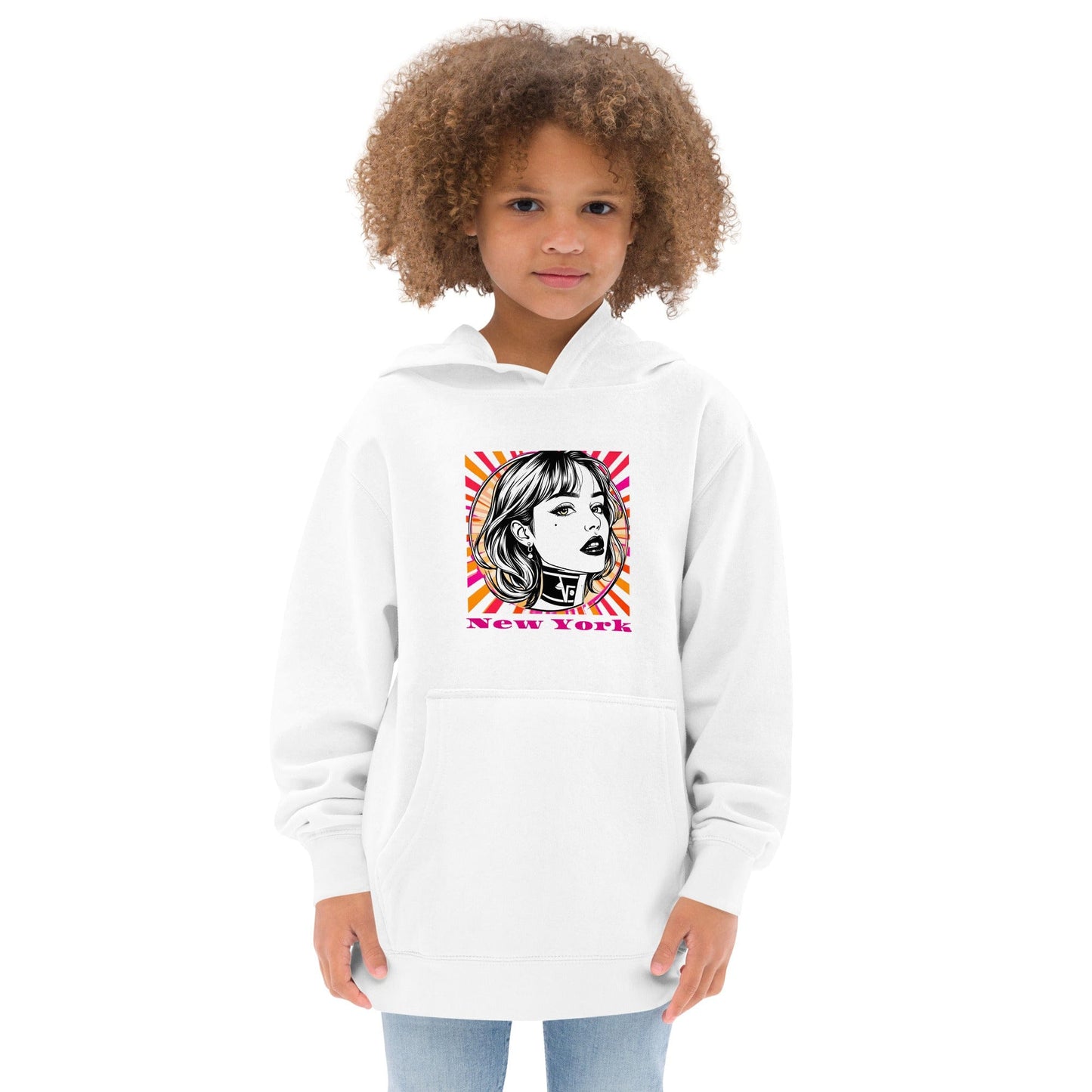 Child wearing Off White hoodie with pop art illustration of girl and “New York” in pink comic-style text ccanvas