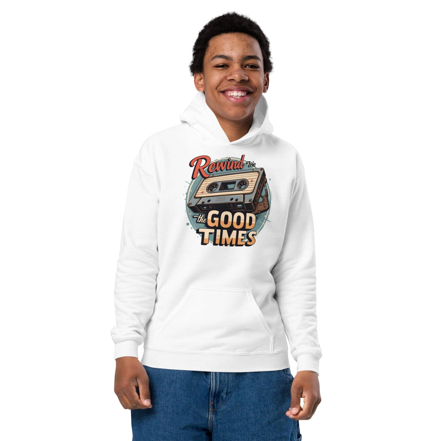 Teen smiling in Off white hoodie with vintage cassette and “Rewind the Good Times” text in retro font ccanvas