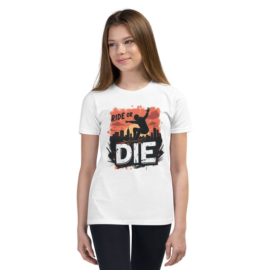 Teen girl wearing Off White T-shirt with “Ride or Die” text, skater silhouette, sunset city background and bold urban print – ccanvas