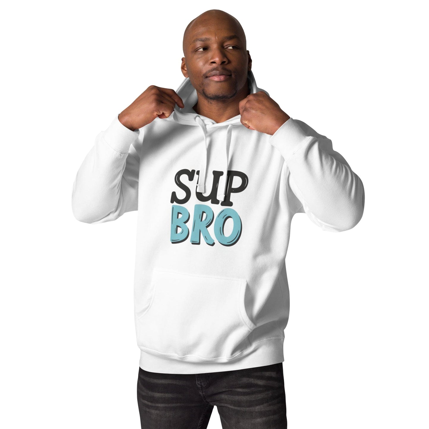 Man wearing Off White hoodie with bold “SUP BRO” comic-style text in teal and white ccanvas