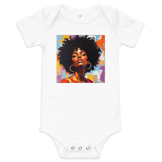 OFF White Baby onesie with bold afro pop art portrait and colorful abstract background print ccanvas