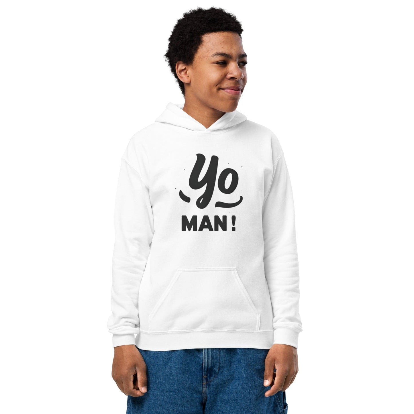 Teen smiling in Off White hoodie with black “Yo MAN!” slogan in bold minimalist style ccanvas