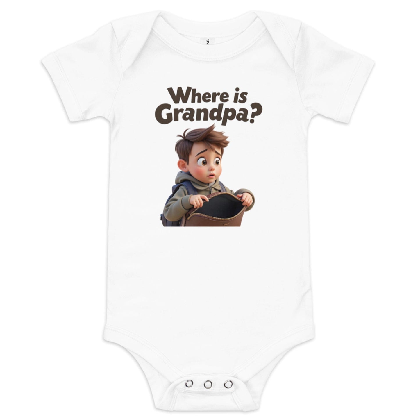 Off White baby onesie with funny cartoon baby illustration and “Where’s Grandma?” slogan ccanavas