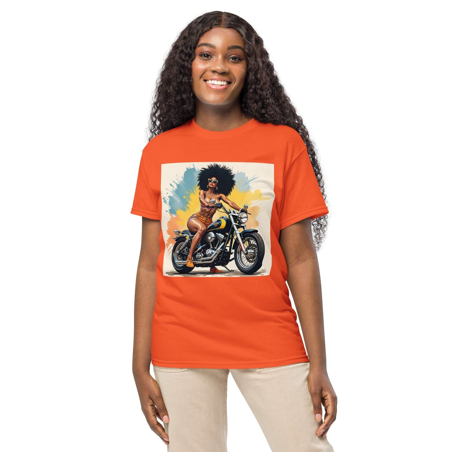 Afro Biker Queen Splash T-Shirt – Bold Motorcycle Art Tee | ccanvas - T-Shirts | Ccanvas