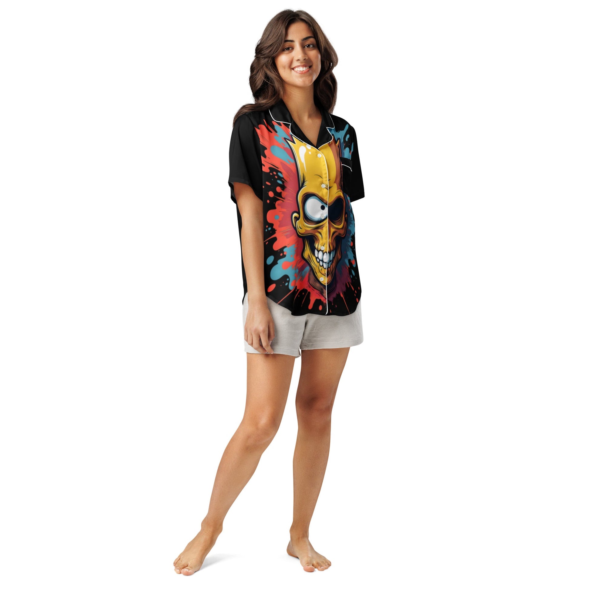 Skull Parody Cuban Shirt – Bold Graphic Button - Up | ccanvas - Short - Sleeve Cuban Collar Shirt | Ccanvas